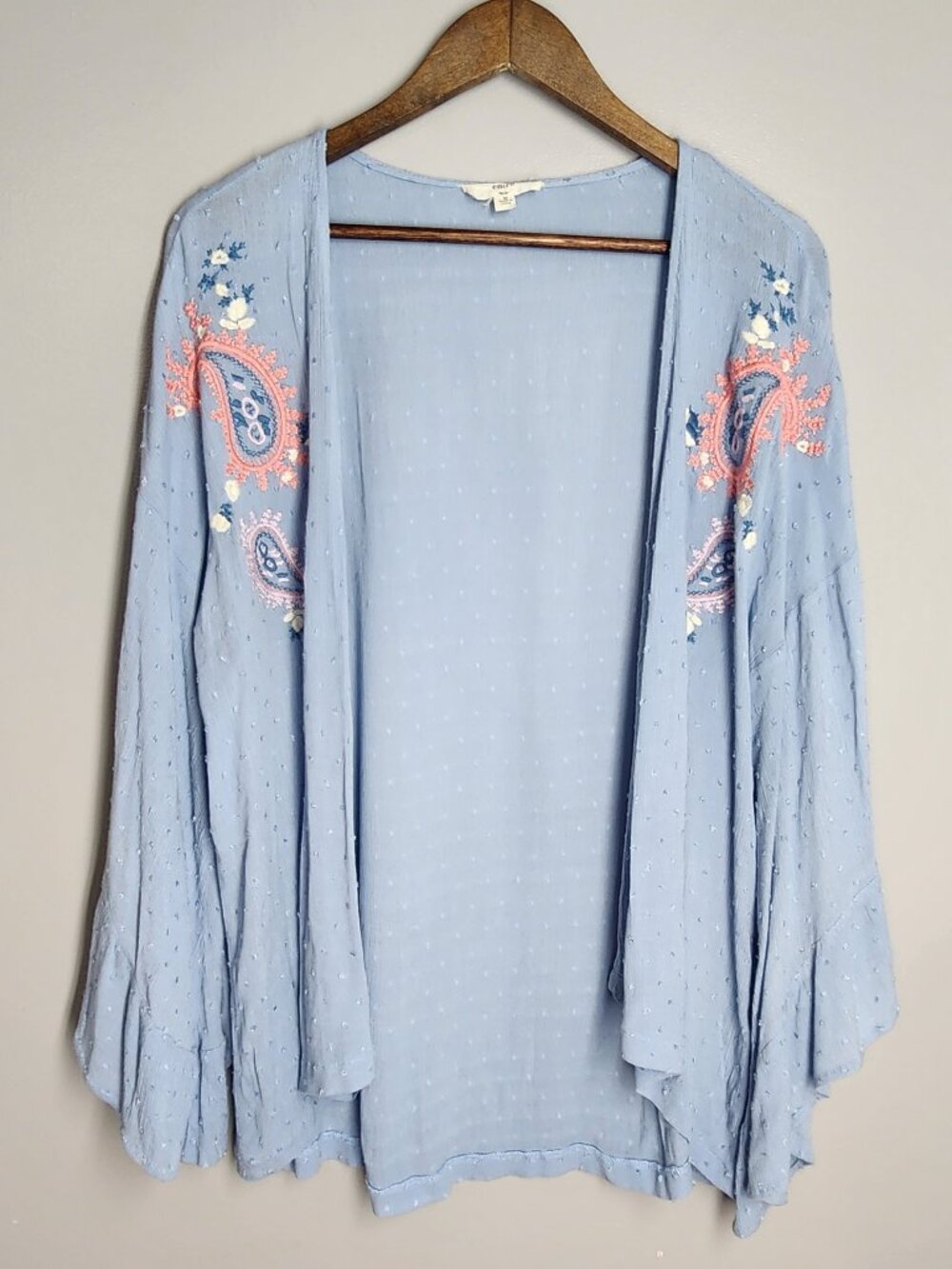 Entro Blue Swiss Dot Kimono Cardigan Size M Paisley Embroidered Bell Sleeve Boho
